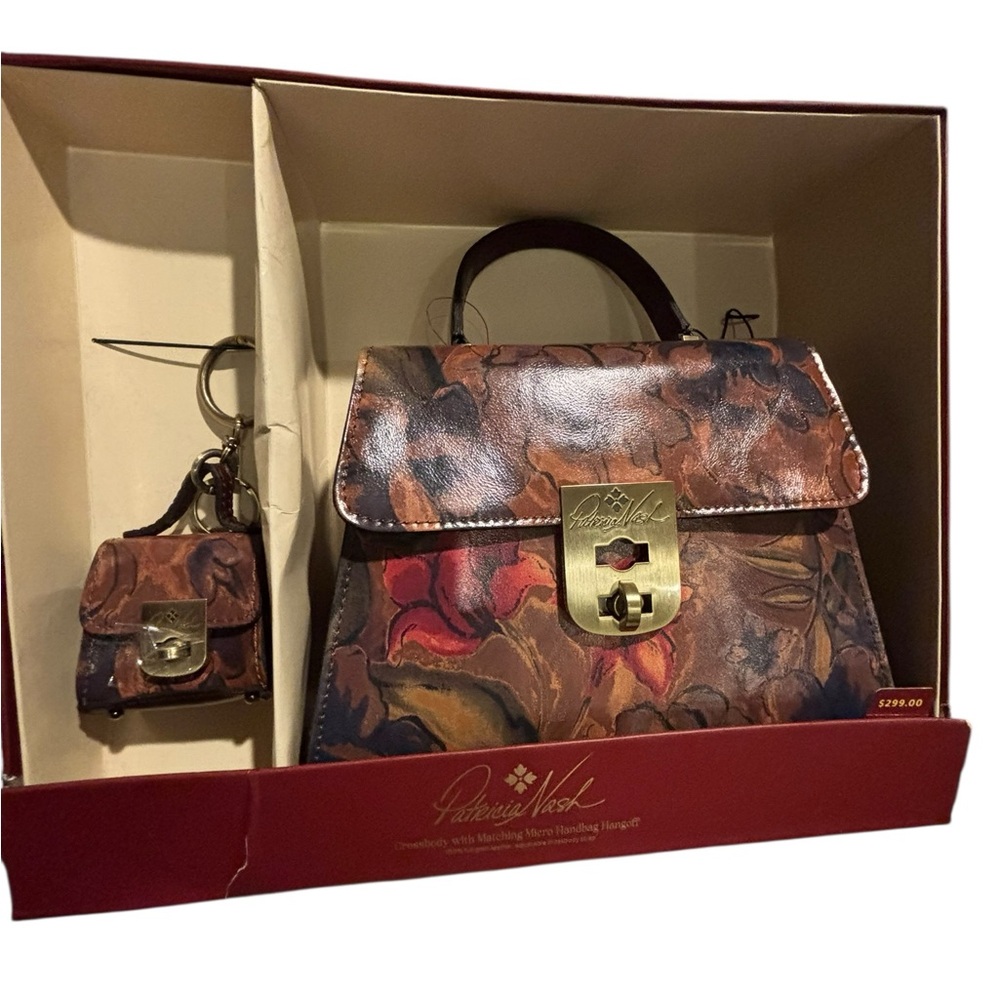 Patricia Nash Multicolor Floral Satchel cross body with micro hand bag charm gif
